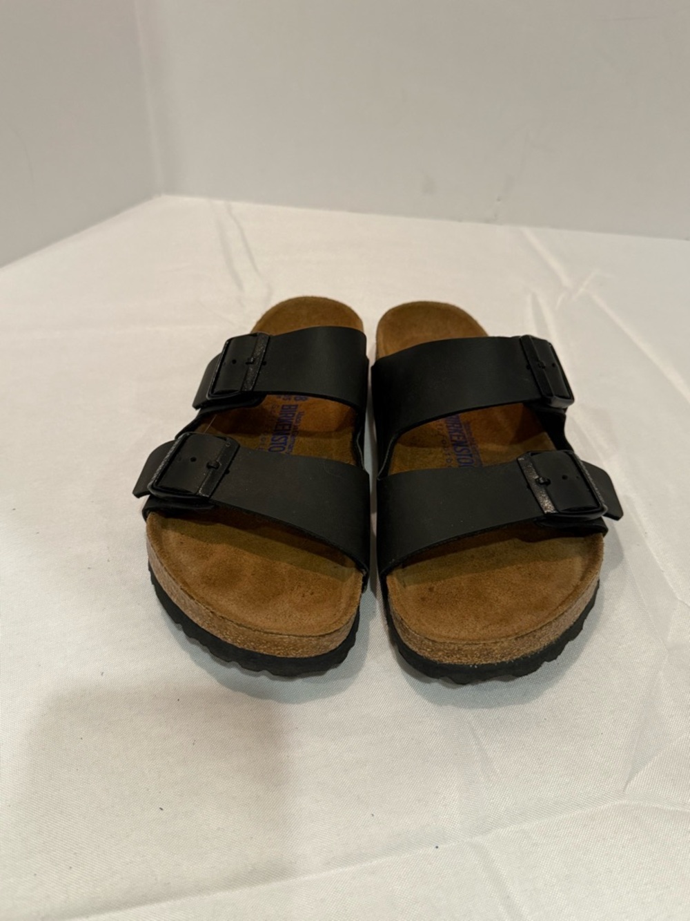 Birkenstock Black Double-Strap Slides with Brown Footbed size 38